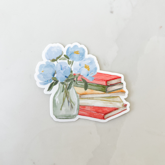 Books and Blue Flowers Watercolor Sticker