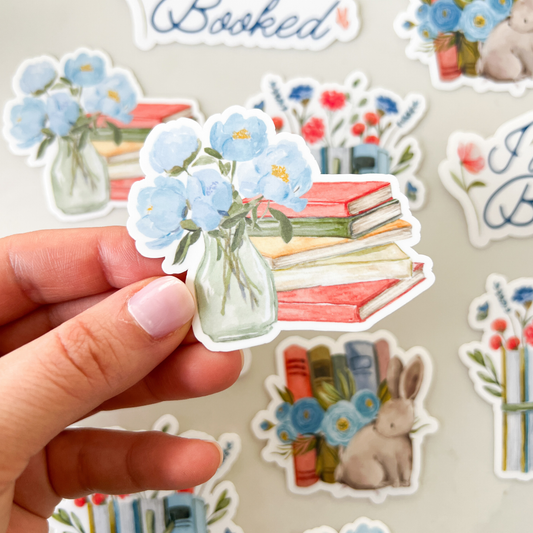 Books and Blue Flowers Watercolor Sticker